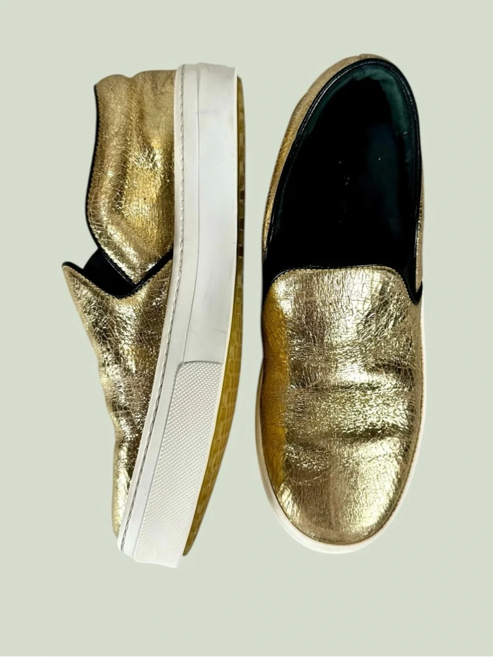 Celine Women’s Phoebe Philo Gold Metallic Crackle Leather Slip-On Sneakers - Picture 4 of 10
